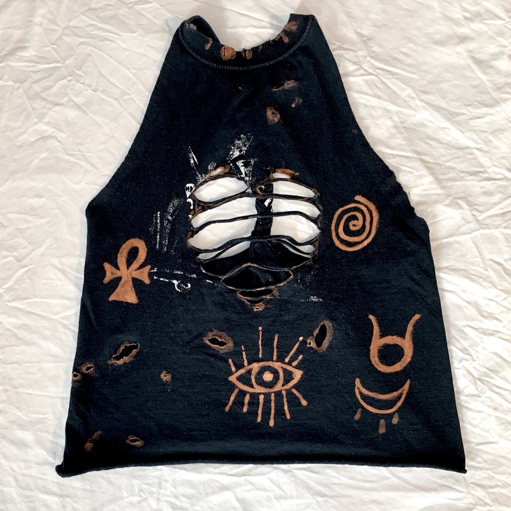 OOAK Destroyed Black Halter Top with Occult Symbols
